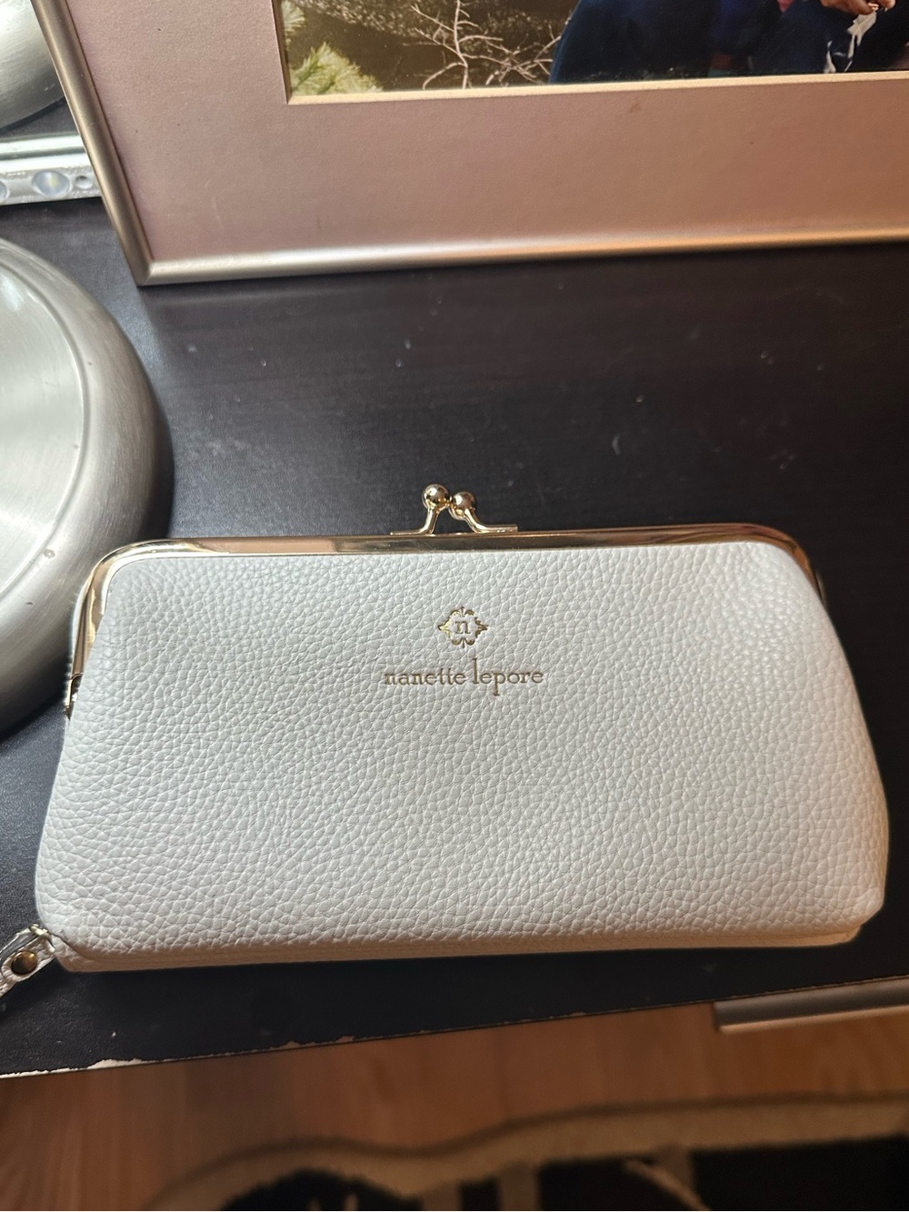Nanette Lepore White Pebbled Leather Frame Wristlet